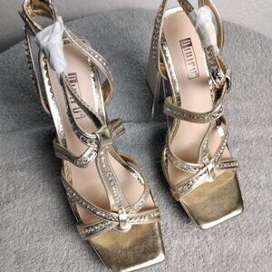 ✨ IDIFU Gold Rhinestone Block Heel Sandals Strappy Dress Party Shoes Size 6